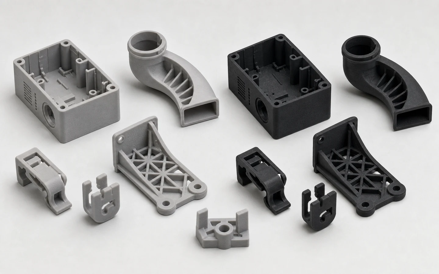 Natural-gray and dyed-black MJF nylon housings, duct, clips, lattice bracket and fixture guide with functional interfaces visible.