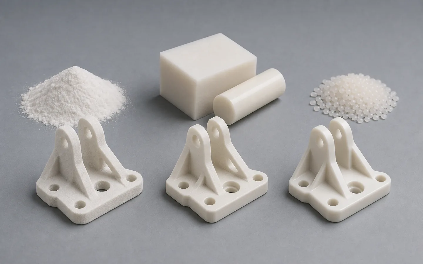 Nylon powder, rod and pellets sit beside printed, machined and molded versions of a compact bracket.
