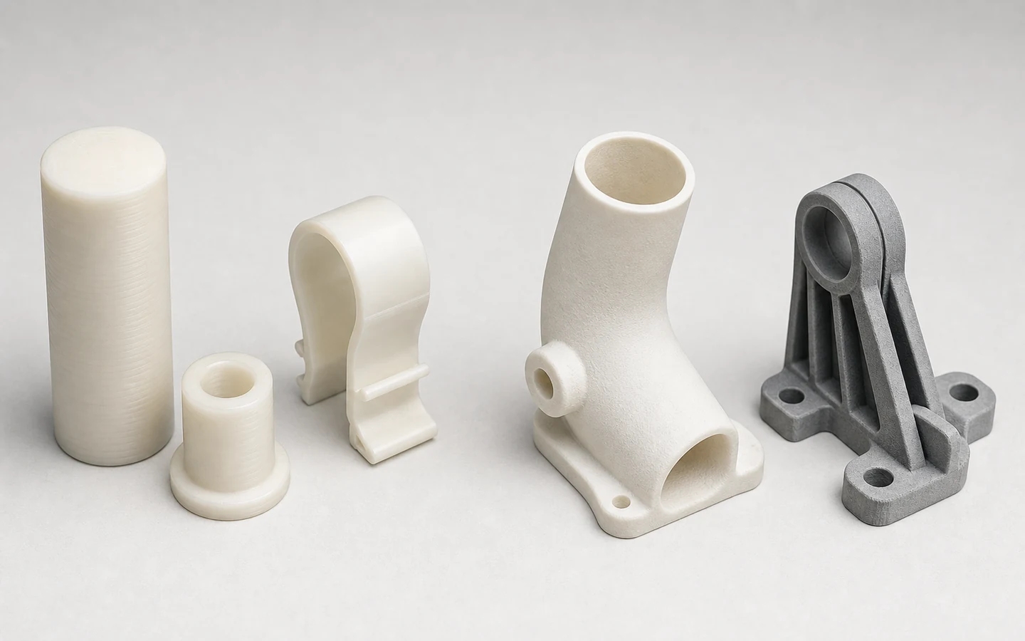 Machined nylon-looking stock, a smooth molded clip, a powder-textured SLS duct and a natural-gray MJF bracket shown separately.