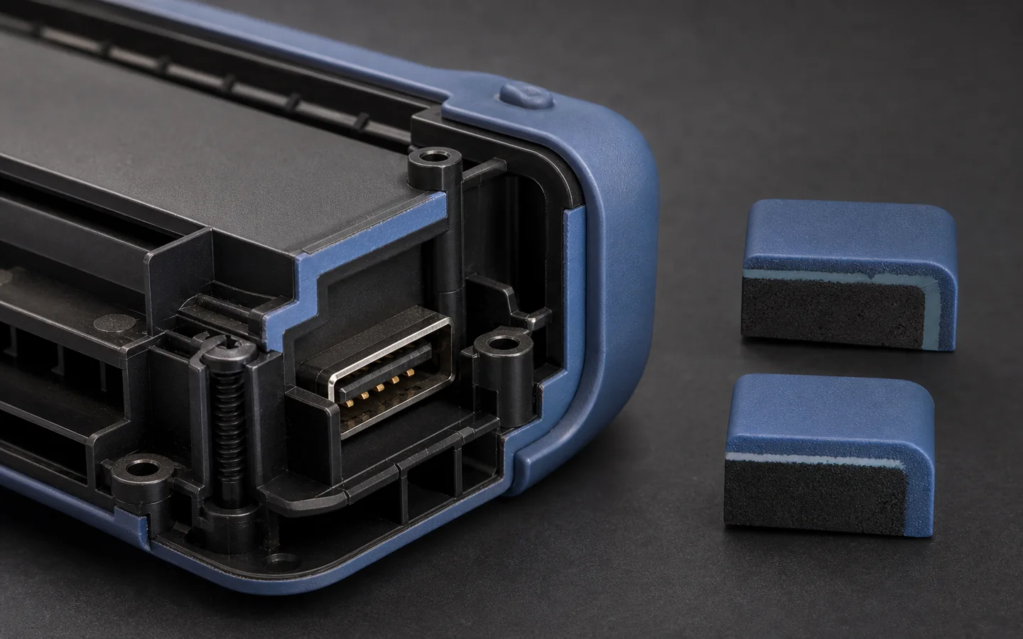 Cutaway black rigid housing with a blue elastomer overmold showing location features, mechanical retention, shutoff edge and protected connector opening.