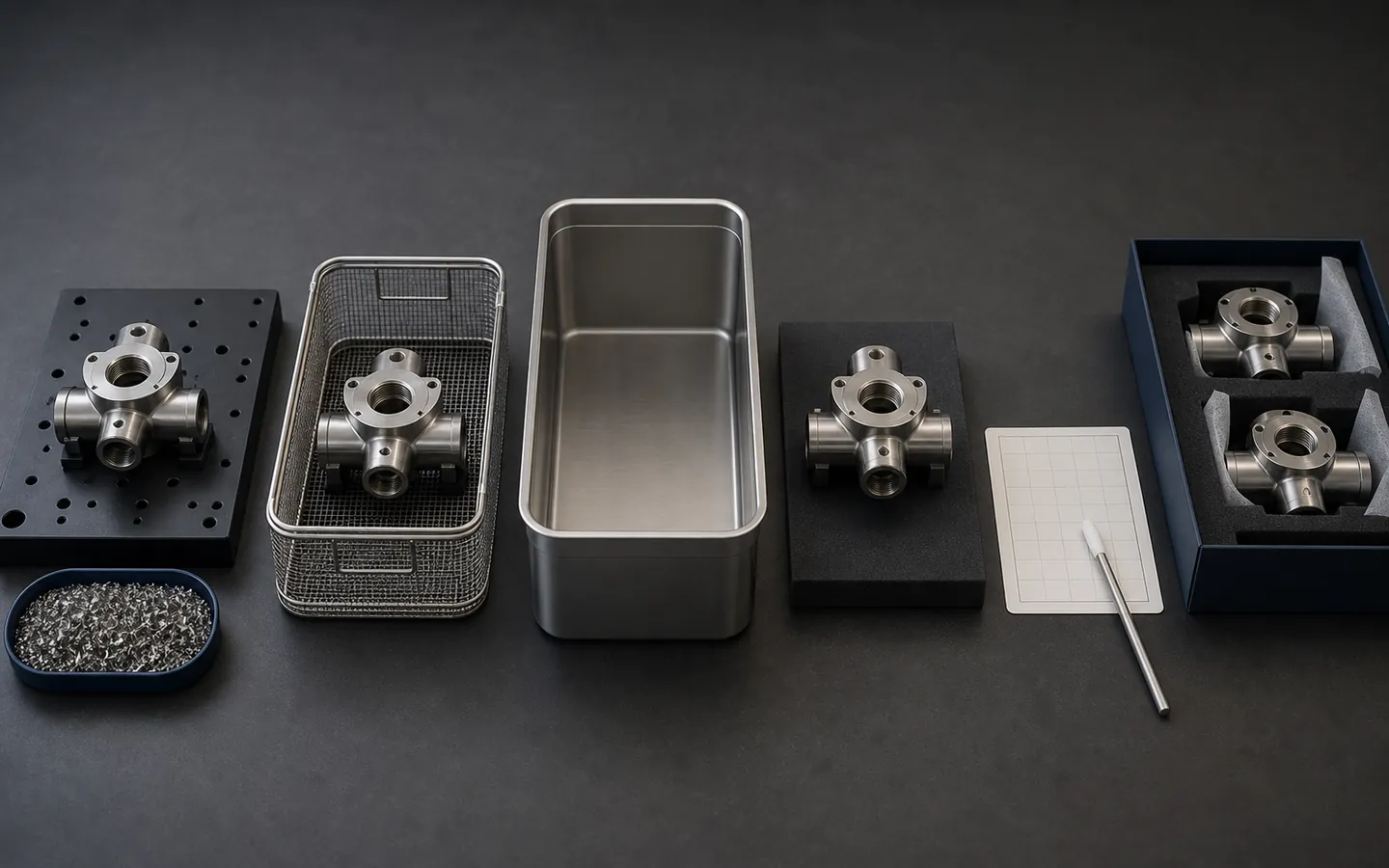 Matching stainless components progress from machining chips through a cleaning basket, plain bath, blank review grid and protected packaging.