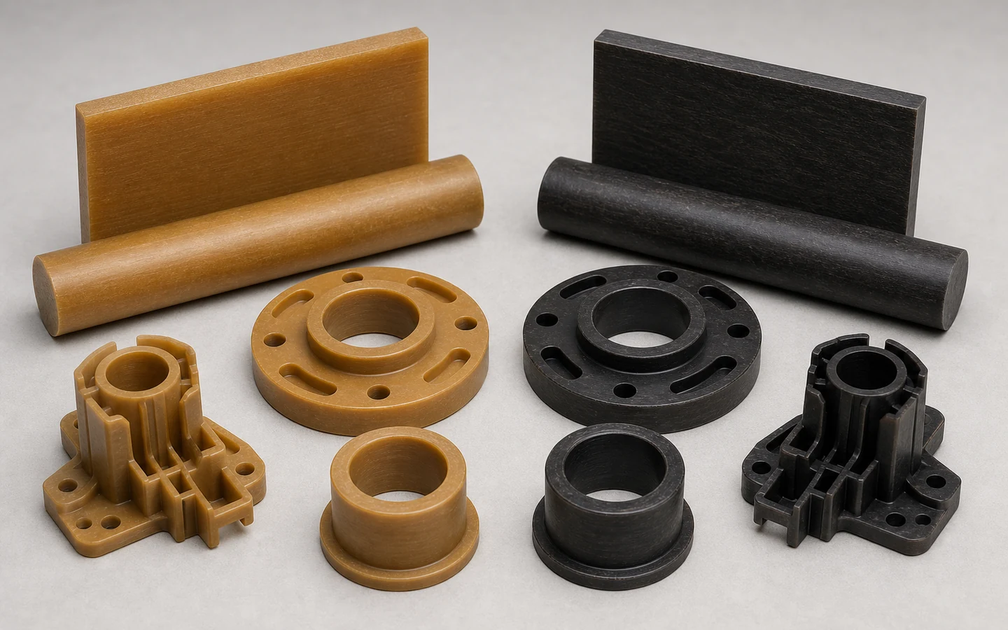 Tan and dark engineering-polymer stock beside machined seal carriers, bushings and thin-wall electrical components.