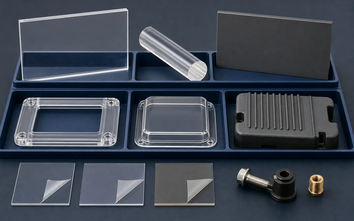 Clear and opaque polycarbonate stock sits beside a machined frame, formed cover, molded housing and film-protected coupons.