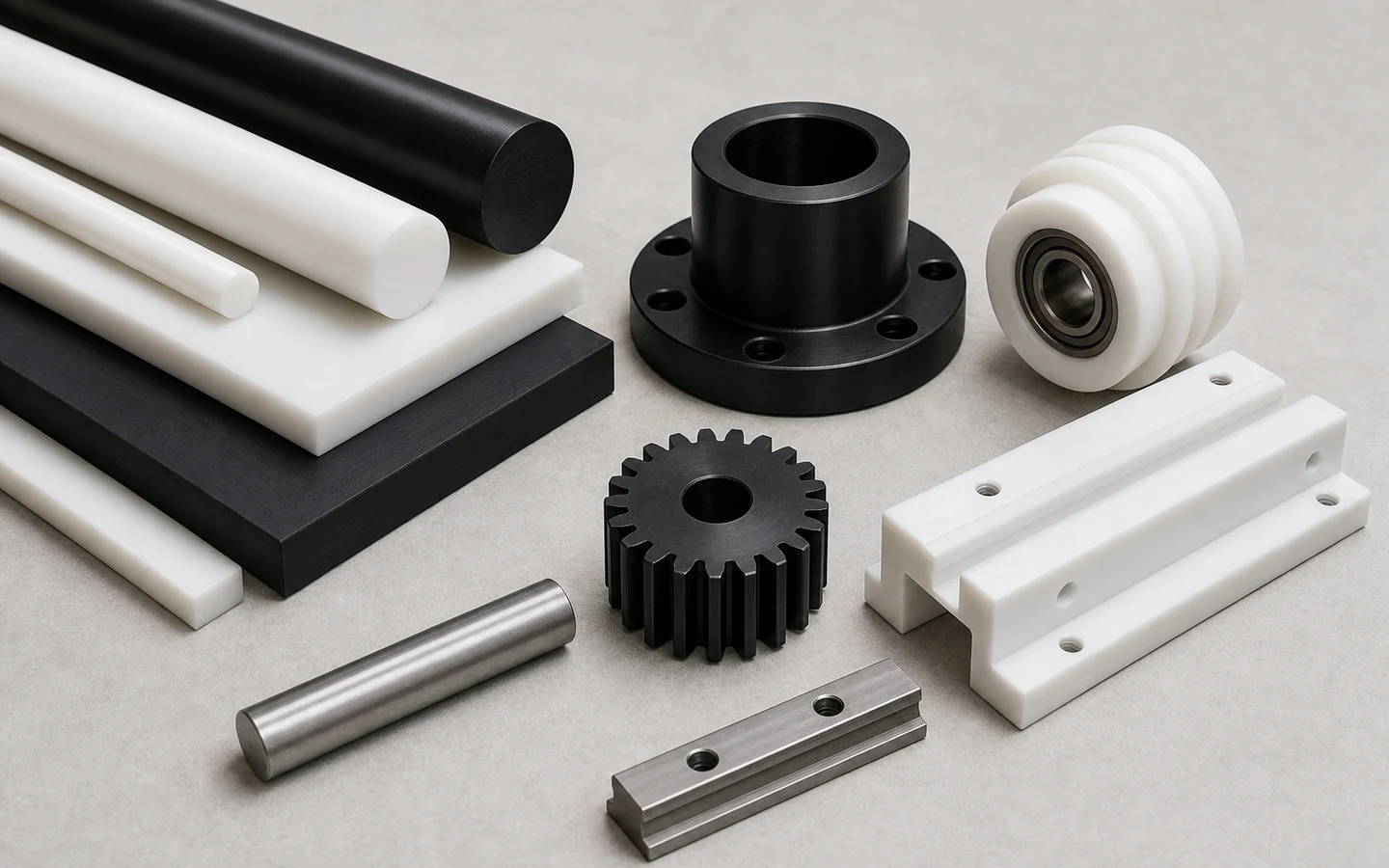 White and black acetal-looking stock beside a flanged bushing, grooved roller, wear guide and small spur gear.