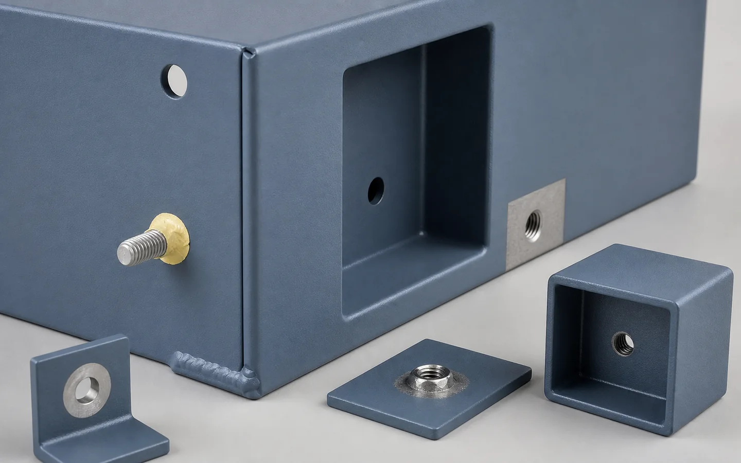 Blue-gray powder-coated enclosure and samples showing coated faces, masked thread, bare grounding patch, weld seam and deep recess.