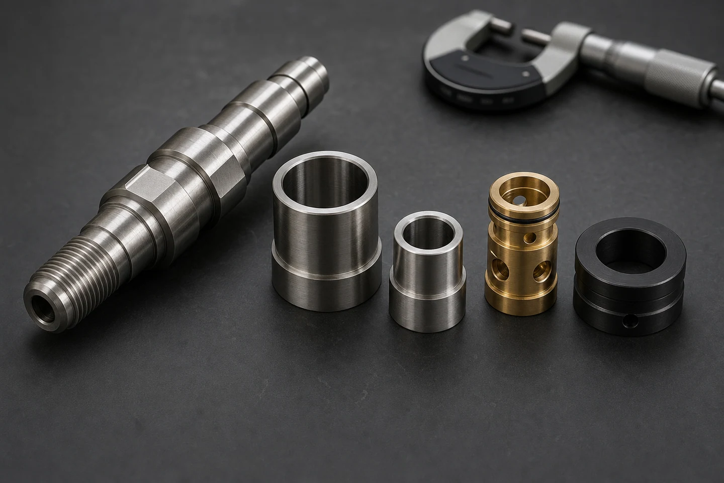 Precision-turned shaft, stainless-steel bushings, brass valve sleeve and black-oxide collar.