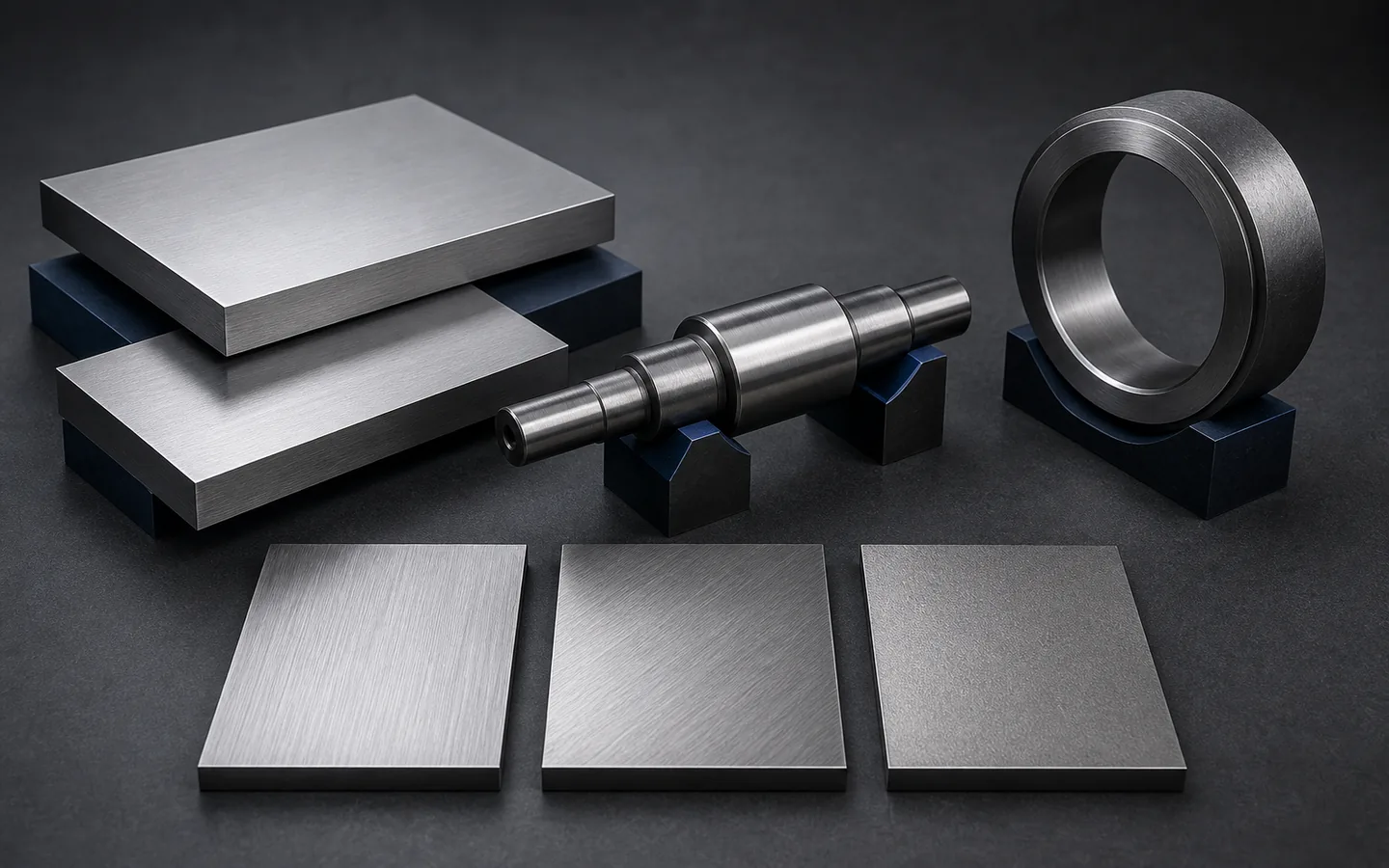 Ground plates, a stepped shaft, a bore ring and neutral surface coupons sit in simple support fixtures.
