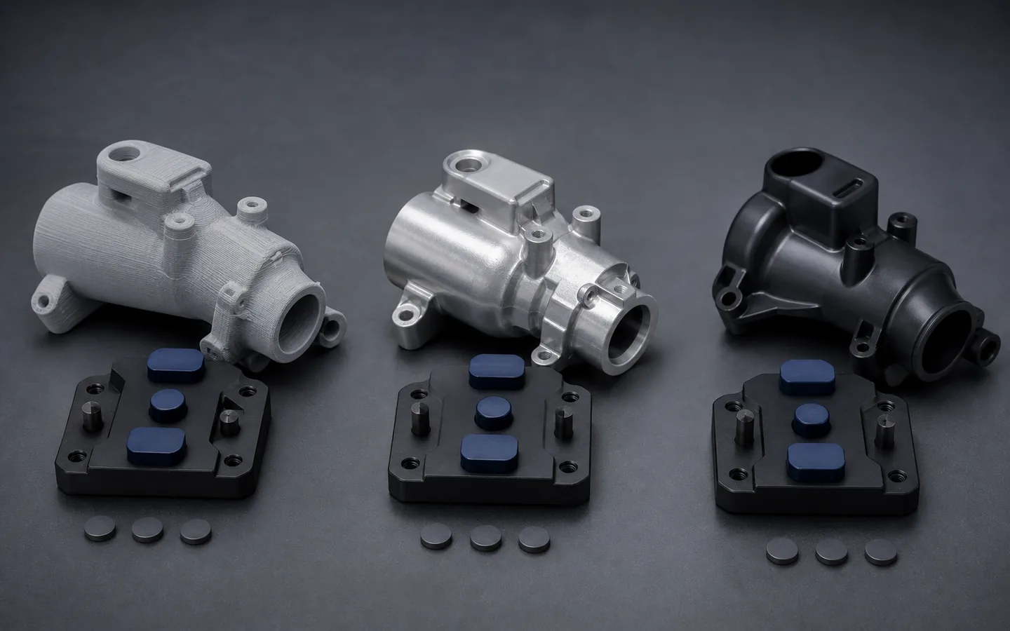 Related printed, machined and molded-looking subsystem samples share matching interface fixtures for product development route review.