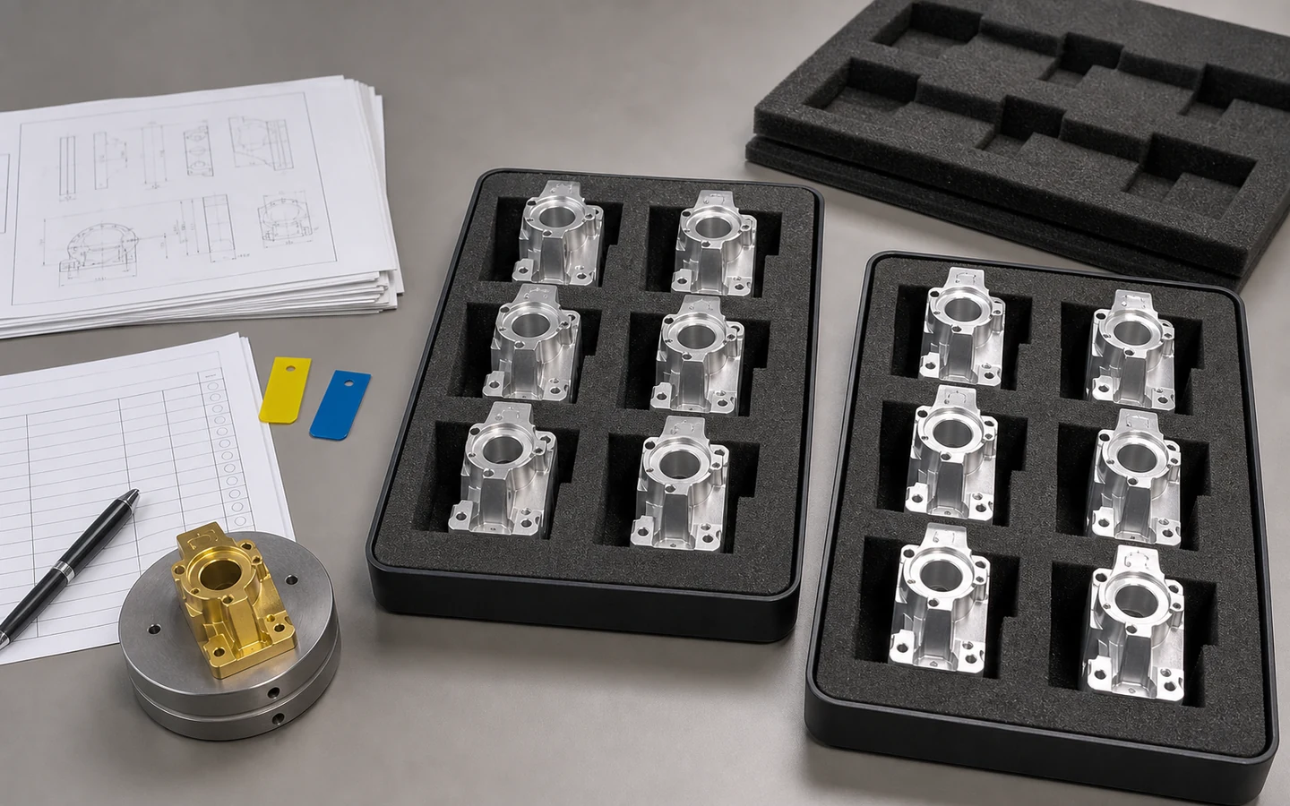 Repeated CNC-machined parts in reusable trays beside a reference part, non-readable controlled drawing, blank inspection grid and packaging insert.