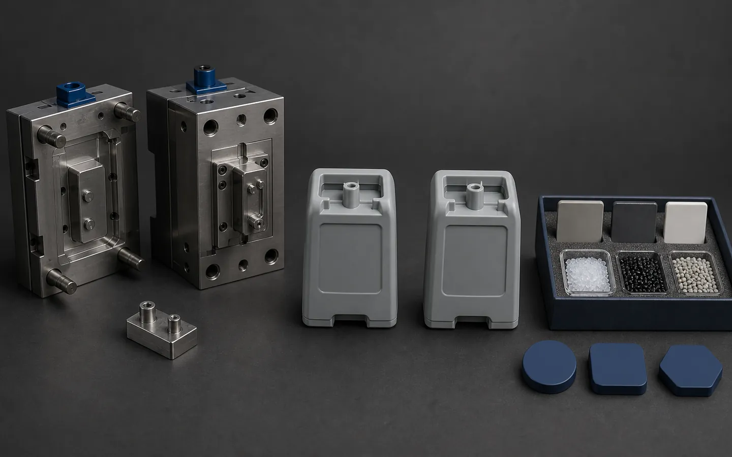 Prototype mold halves, removable insert, two matching molded housings, resin samples and blank decision tokens on an engineering table.