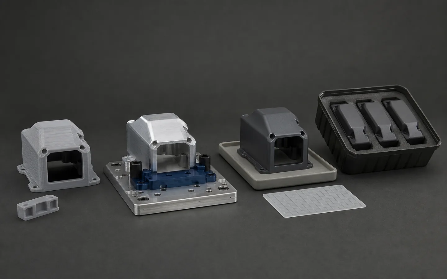 Matching housing moves from layered prototype through fixture-mounted pilot and finished sample to three packaged repeat parts.
