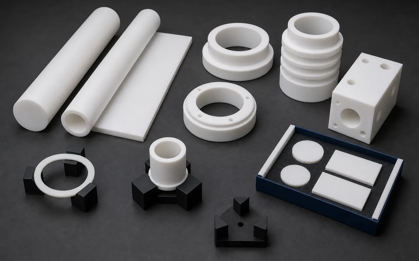 White PTFE rod, tube and sheet sit beside machined rings, bushings, grooved bodies, low-force supports and protected coupons.