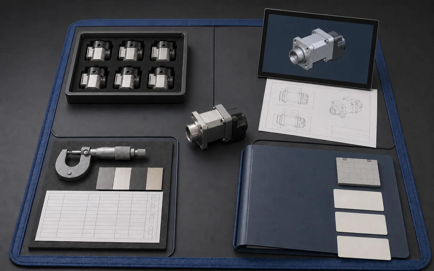 Controlled RFQ portfolio with matching part quantities, solid model, drawing, gauge, finish samples, blank inspection grid and option cards.