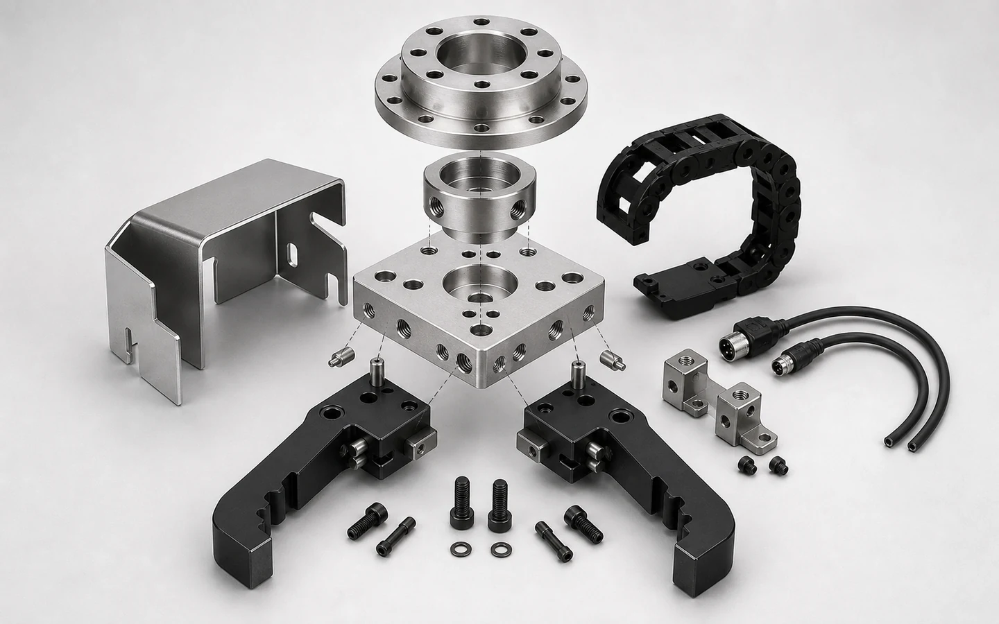Compact robotic end-effector subsystem exploded into machined mounts, gripper jaws, sensor guard, cable guide and brackets.