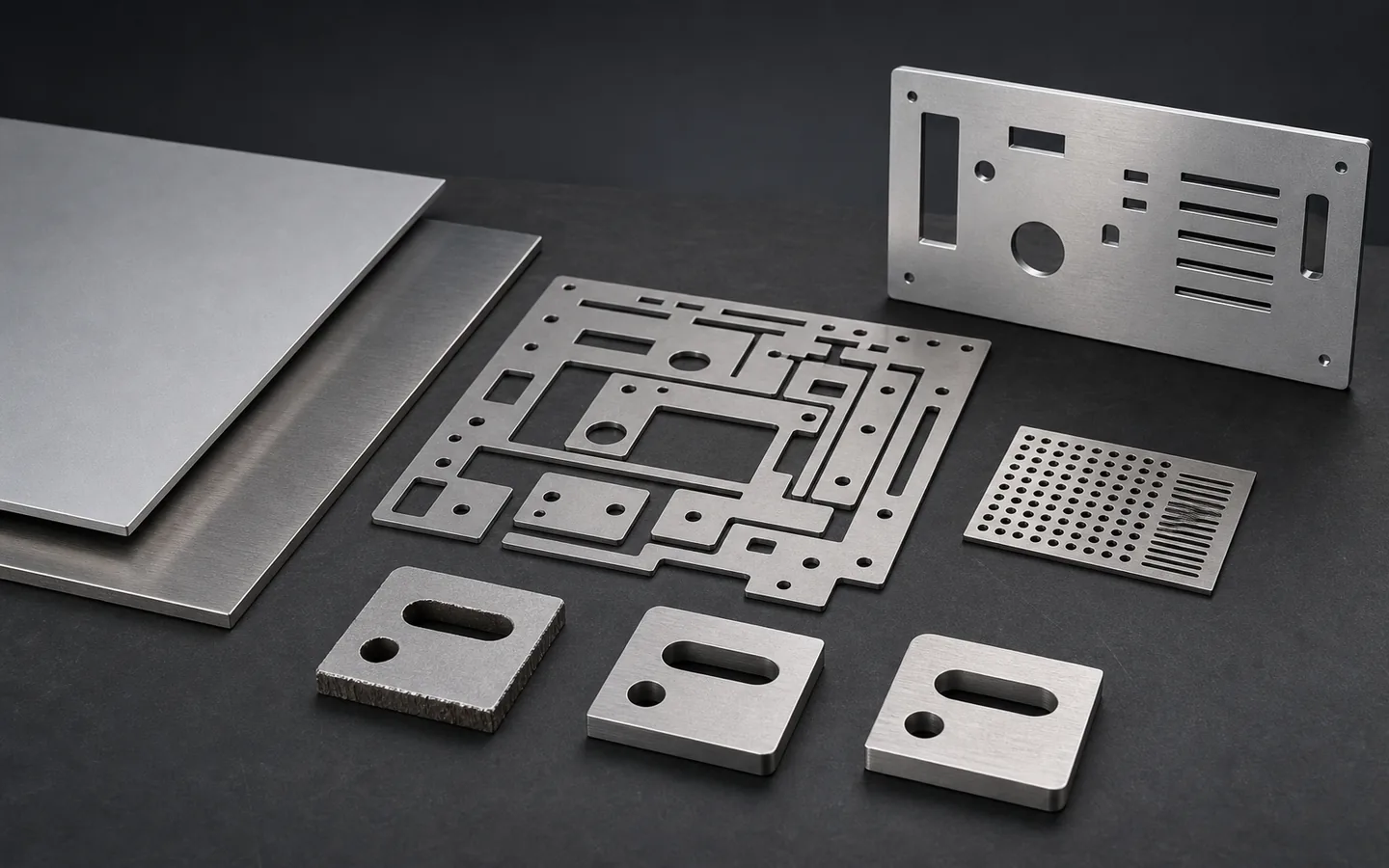 Metal sheet, nested flat profiles, cut panels and edge-condition coupons arranged on a dark engineering table.