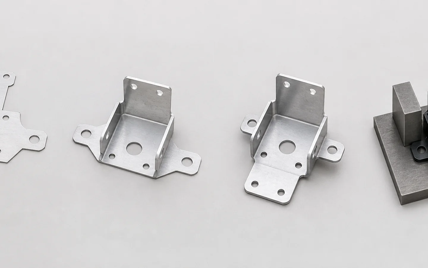 The same sheet metal bracket shown as a flat blank, partially formed part, completed multi-bend bracket and finished part beside a checking fixture.
