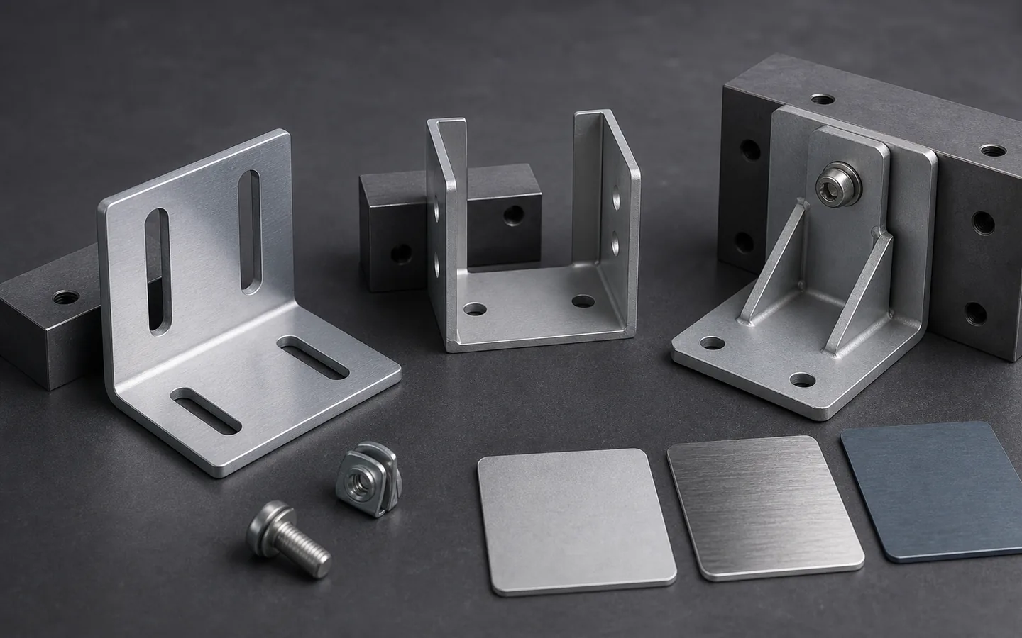 Several generic formed metal brackets show bends, slots, captive hardware, mating blocks and finish coupons.