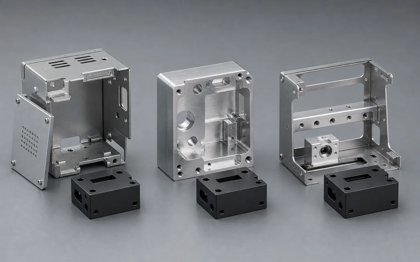 A folded sheet enclosure and a machined housing meet the same generic interface block beside a hybrid fabricated assembly.