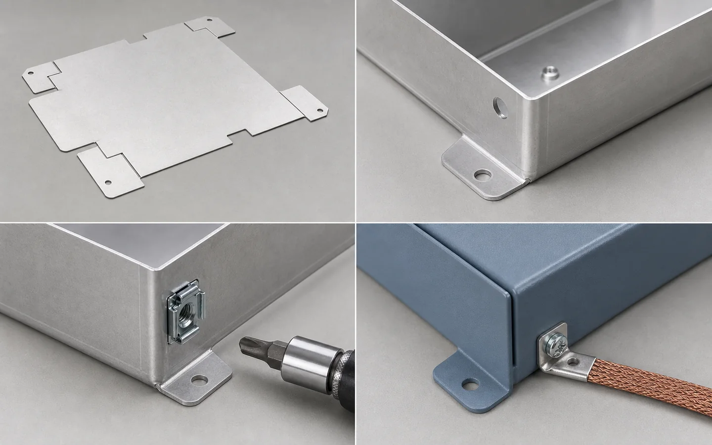 Four sheet metal enclosure examples showing a flat blank, formed corner, captive-hardware clearance and a coated grounding interface.