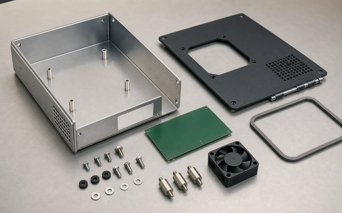 Exploded sheet metal enclosure with formed shell, removable panel, internal board envelope, standoffs, fan, connector opening, gasket, hinge and fasteners.
