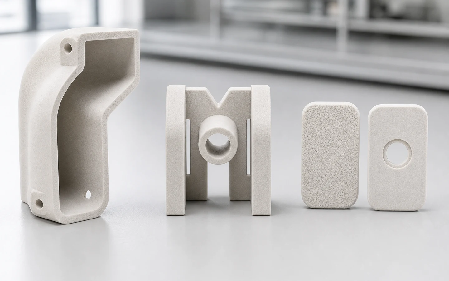SLS nylon duct, functional clip and two surface samples showing an open internal route, critical features and different finished interfaces.