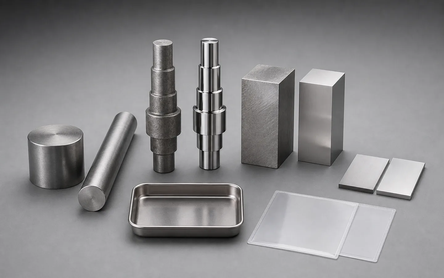 Stainless bar and billet sit beside rough and finish-machined shafts, blocks, grinding samples and blank record sleeves.
