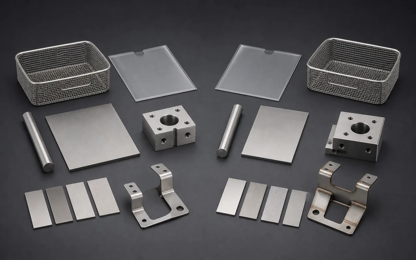 Two stainless stock and part groups compare machined, formed, welded, finished and protected interface routes.