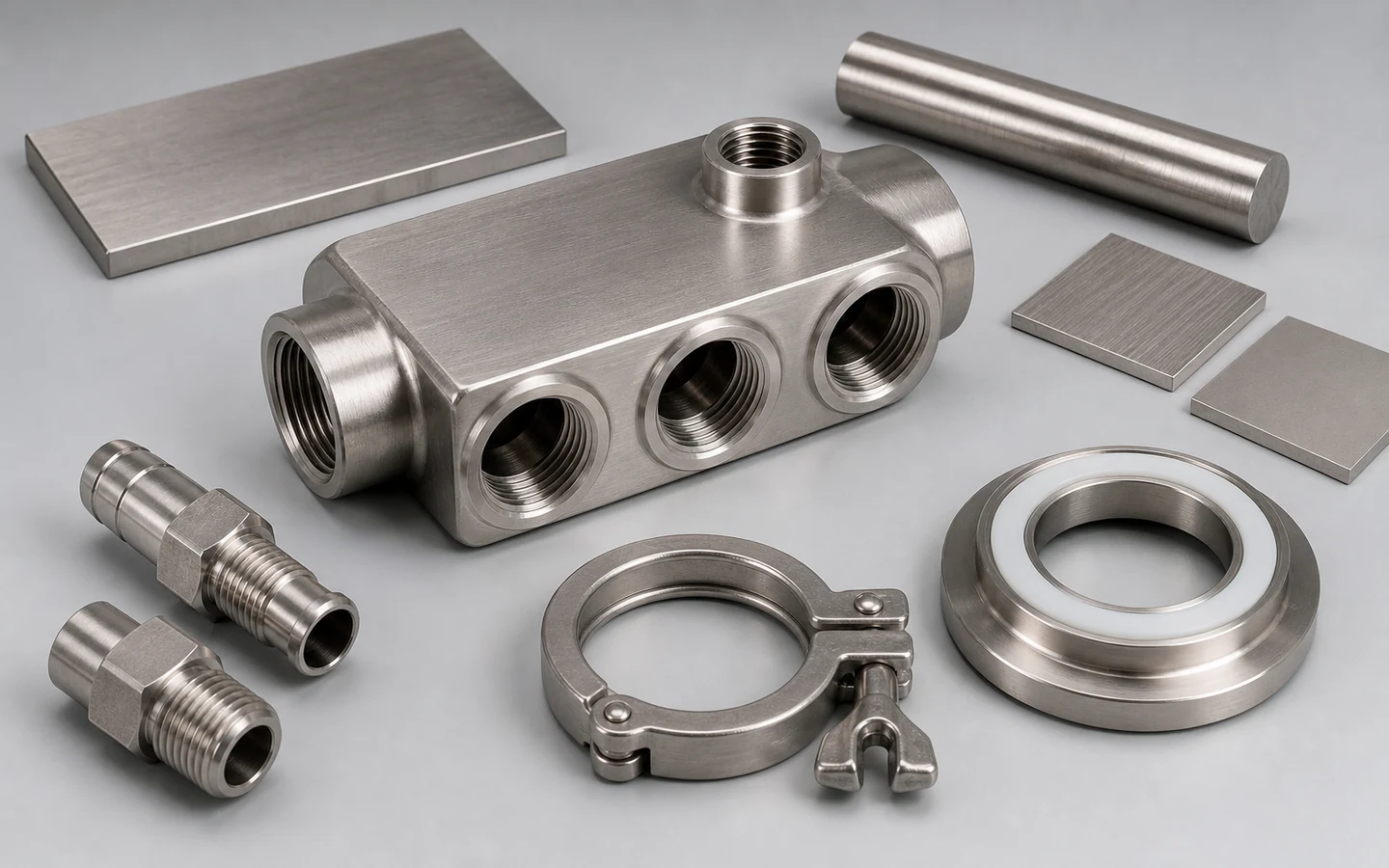 Stainless manifold, fittings, clamp ring, seal carrier, stock samples and two surface-finish coupons with fluid interfaces visible.