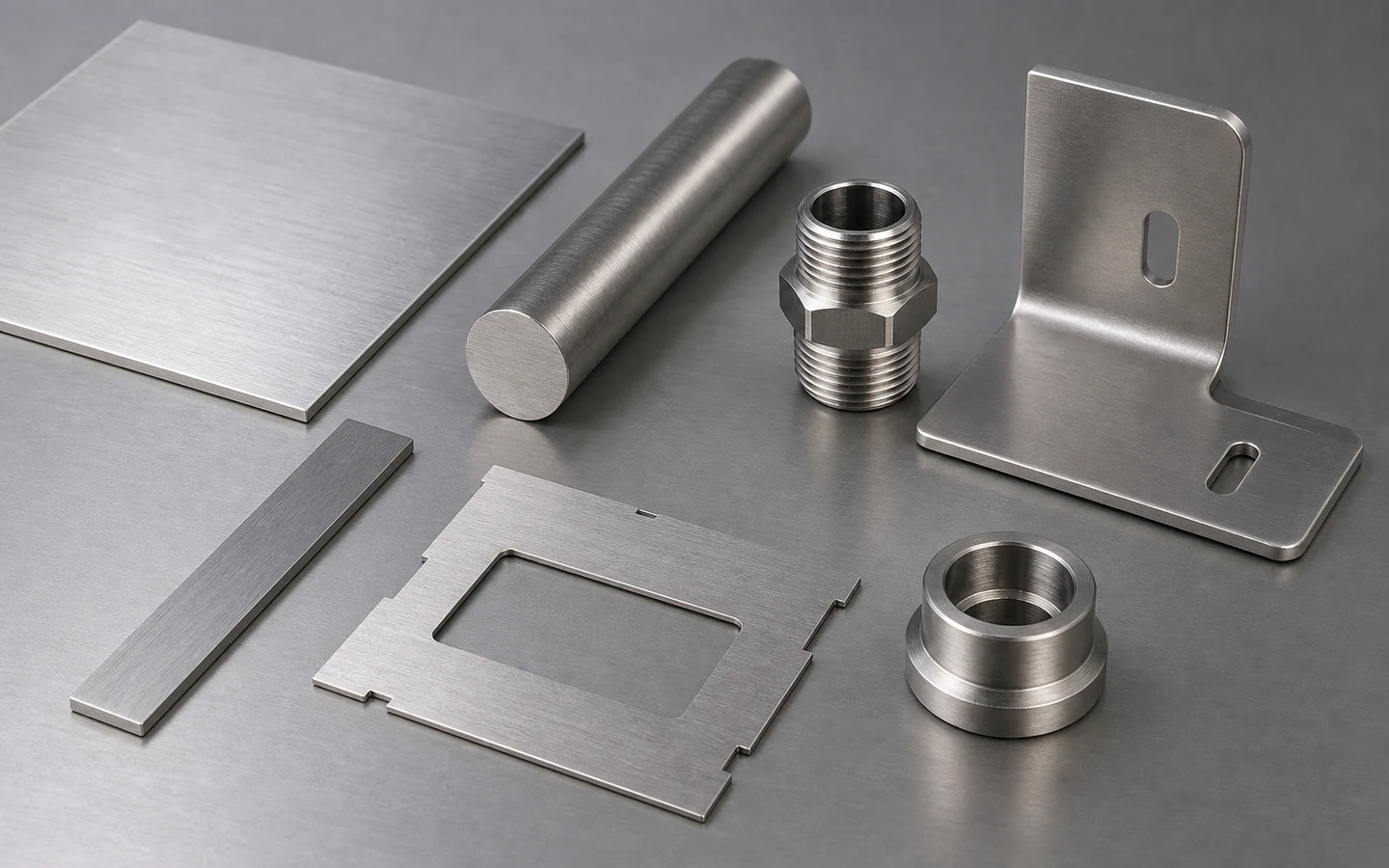 Stainless sheet, round stock, threaded fitting, formed bracket, brushed face panel and turned collar arranged by product form.