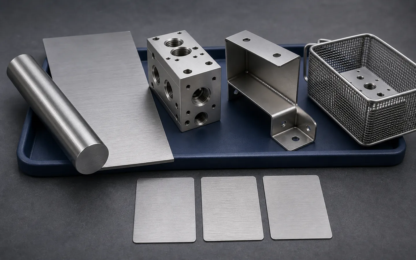 Stainless bar and sheet sit beside a machined block, welded bent bracket, cleaning basket and three surface coupons.
