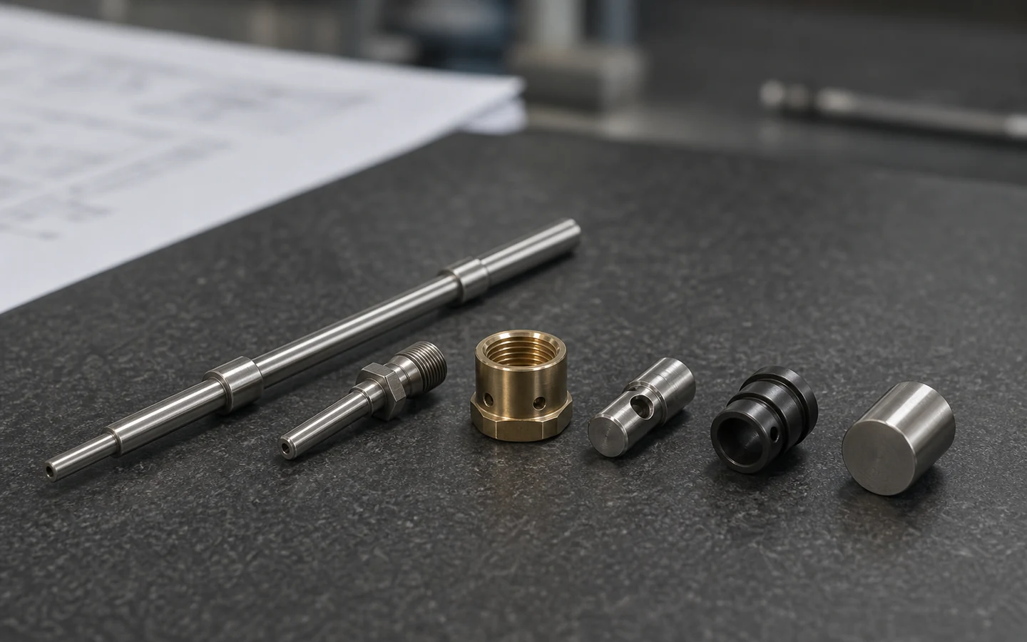 Slender Swiss-type turned shafts, sleeves, pins and collars showing threads, grooves, cross holes and cutoff faces.