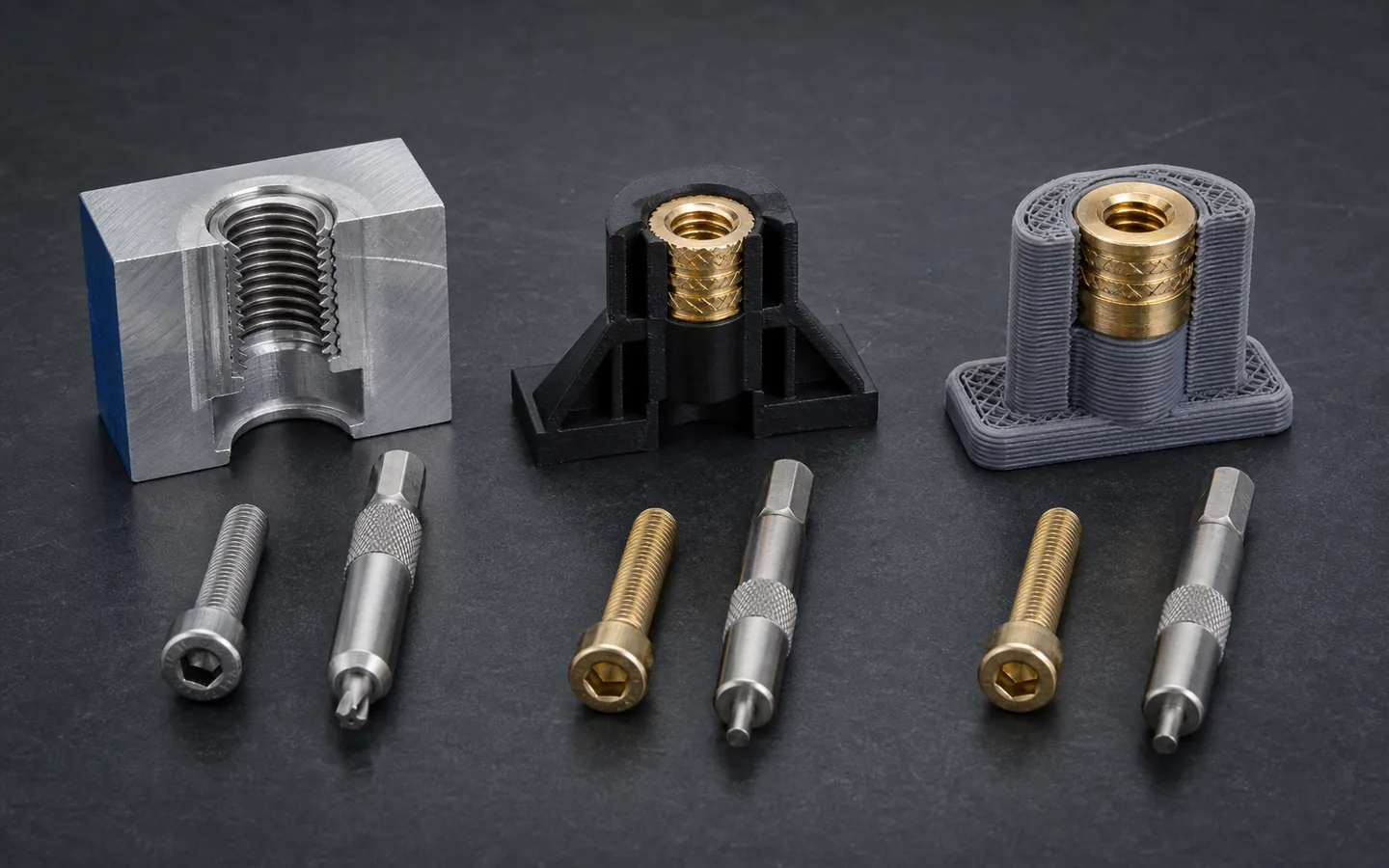 Threaded inserts in cutaway machined metal, molded polymer and layered printed polymer bosses with matching screws and tools.