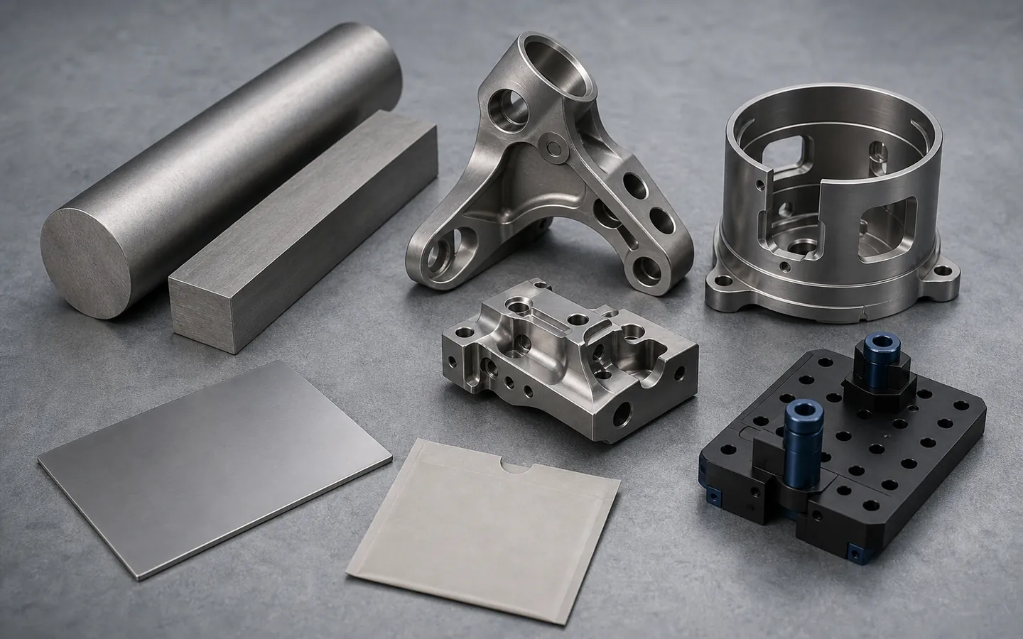 Titanium bar and billet sit beside a contoured bracket, thin-wall housing, sculpted machined block, fixture and blank sleeve.