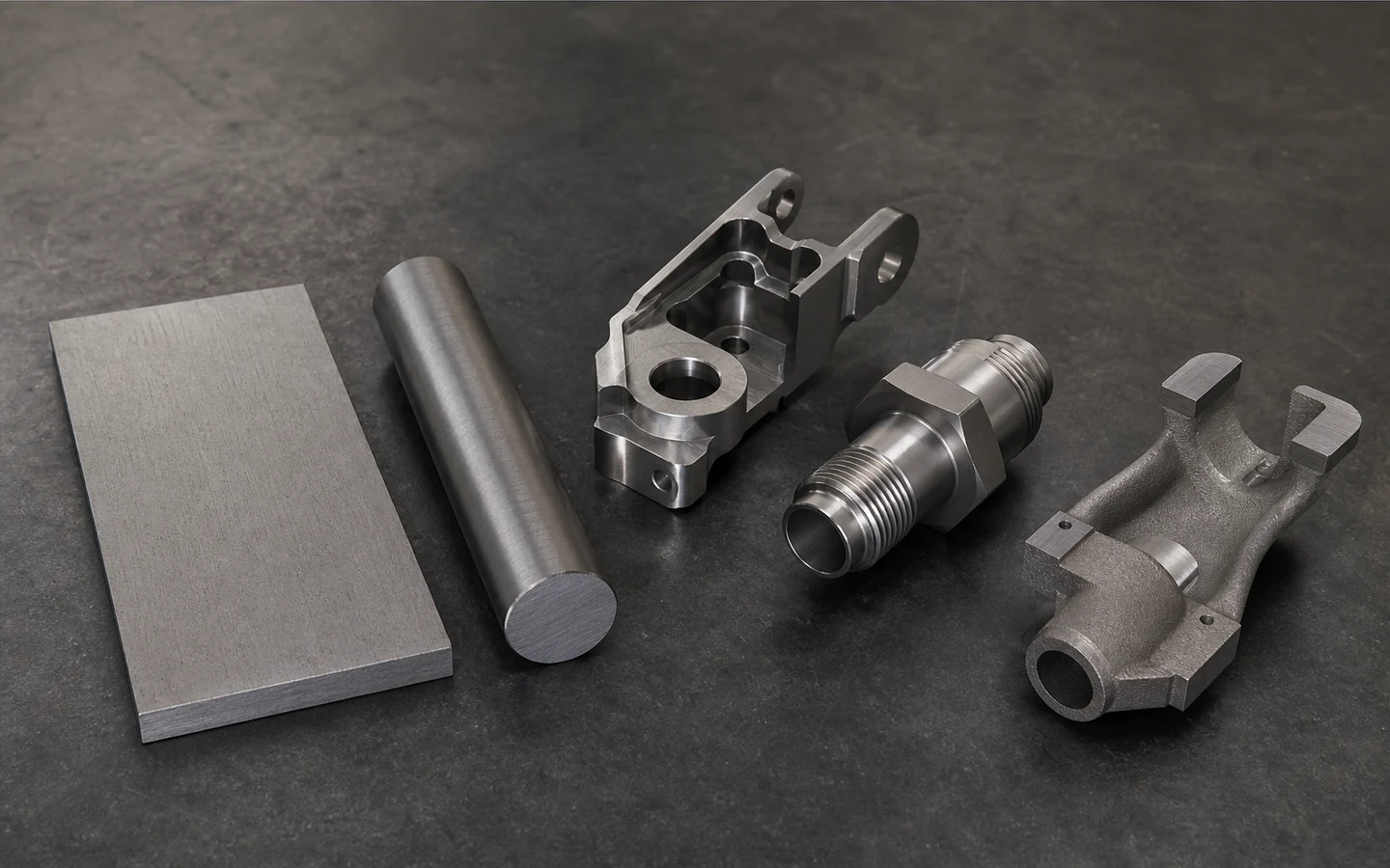 Titanium-gray plate and bar beside a machined bracket, turned fitting and additive preform with reserved machining pads.