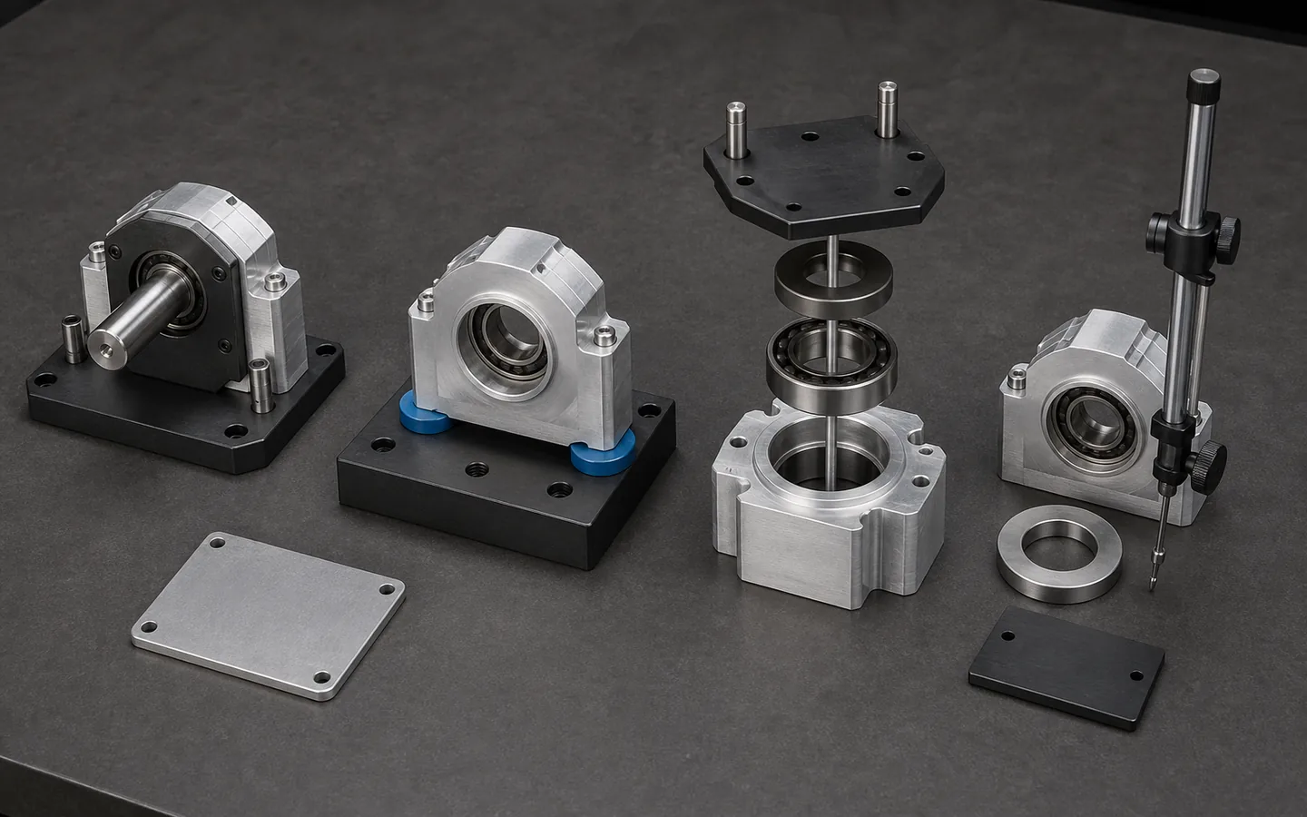Matching bearing housings shown as a functional shaft assembly, datum setup, axial stack, gauge-access station and non-critical cover plates.