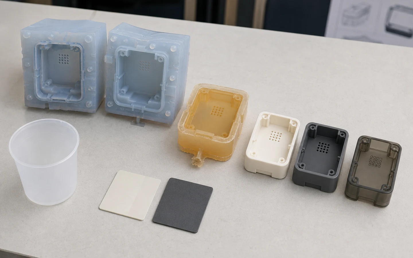 Master pattern, matching split silicone mold, raw gated casting and three finished urethane castings arranged as a process sequence.