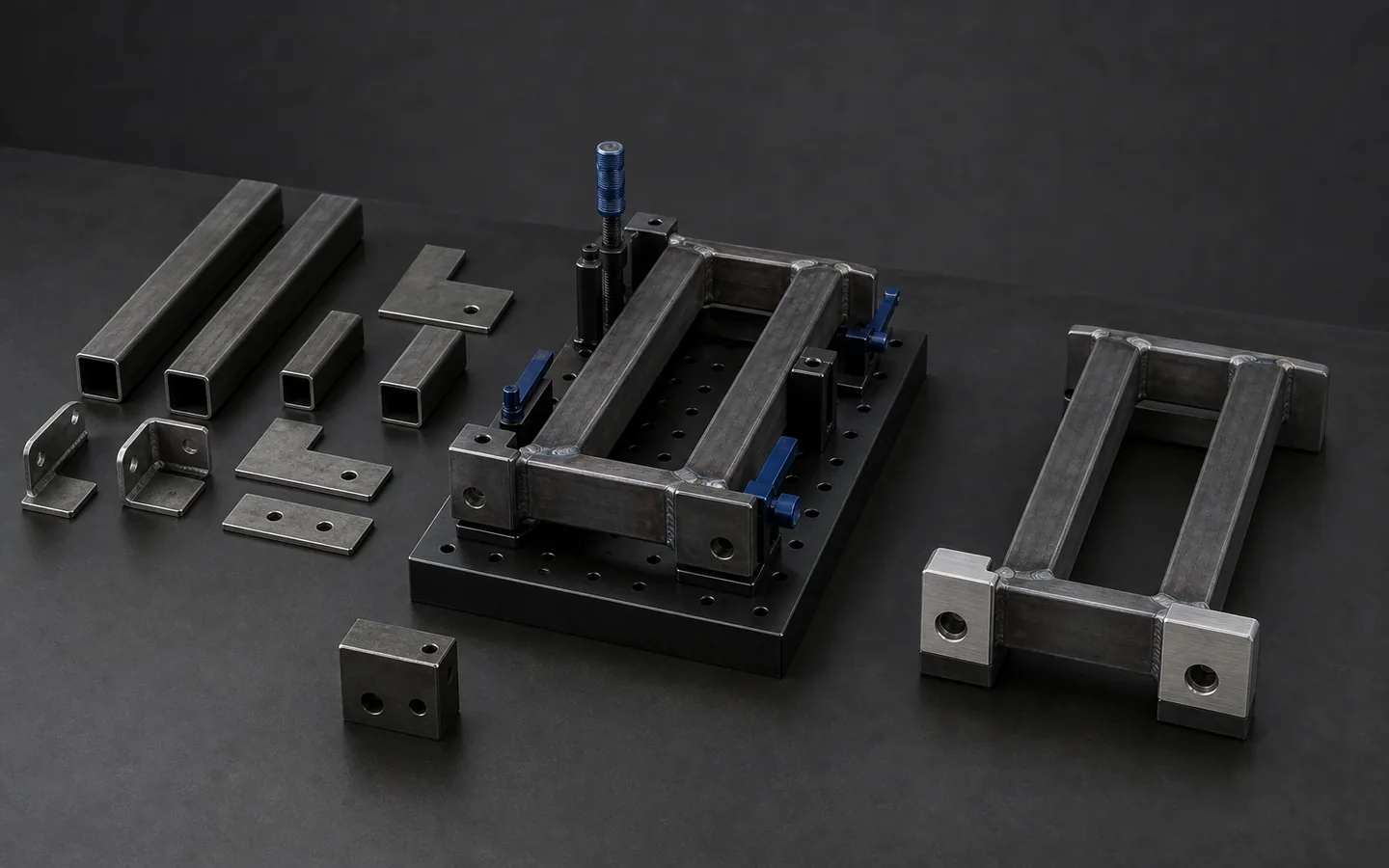 Generic welded frame sections, a datum fixture and machined mounting pads show the path to final interfaces.
